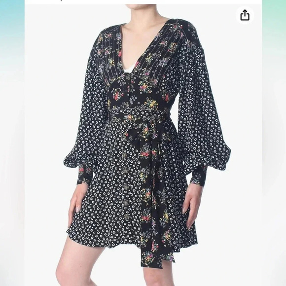 Free People - Wonderland Printed A-Line Mini Dress - Size XS - Black Floral - Picture 1 of 8
